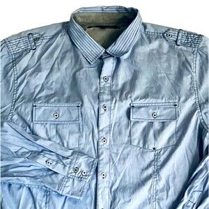 CJ Black Rue 21 Shirt Stripe Blue Roll Sleeve Epaulettes XL XXL Preppy Y2K 1990s